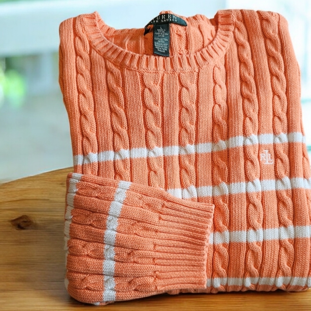L-RL Women's Soft Orange & White Cable Crewneck Knit Sweater Size--L - Picture 2 of 10